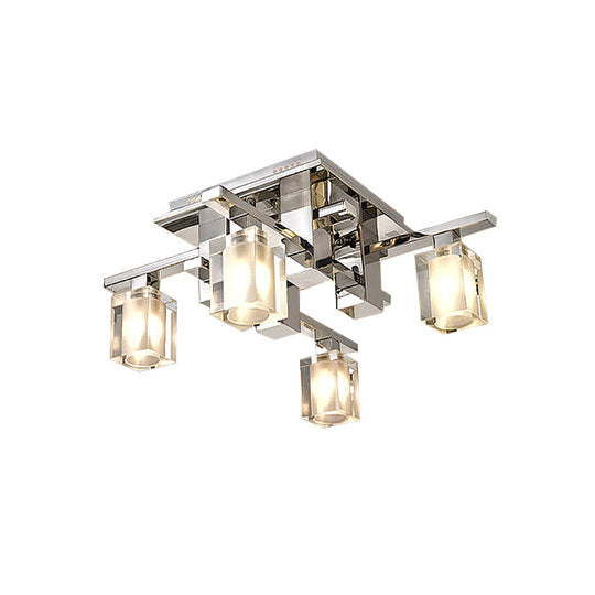 Modernist Clear Glass Flush Ceiling Lamp - Cuboid Semi Flush Light Fixture with 4 Chrome Finish Heads