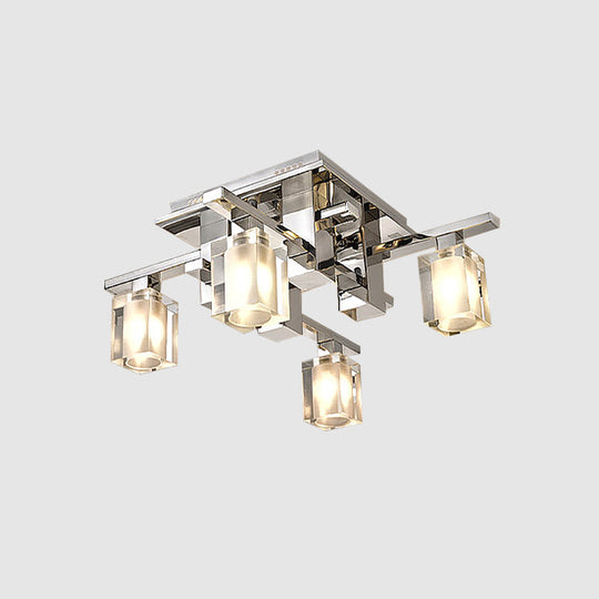 Modernist Clear Glass Flush Ceiling Lamp - Cuboid Semi Flush Light Fixture with 4 Chrome Finish Heads