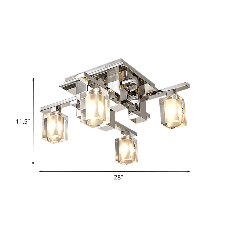 Modernist Clear Glass Flush Ceiling Lamp - Cuboid Semi Flush Light Fixture with 4 Chrome Finish Heads