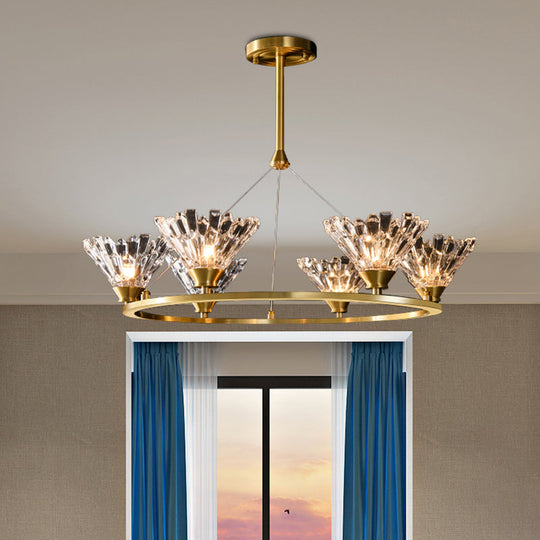 Modern Gold Rounded Pendant Chandelier with Crystal Facets - Suspended Dining Room Lighting Fixture (6 Heads)