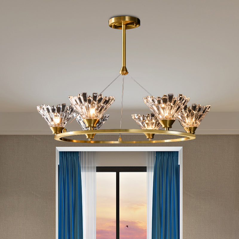 Rounded Gold Pendant Chandelier With Faceted Crystal Modern Suspension Lighting - 6 Heads Ideal For