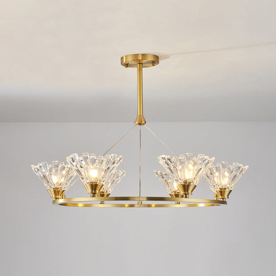 Rounded Gold Pendant Chandelier With Faceted Crystal Modern Suspension Lighting - 6 Heads Ideal For