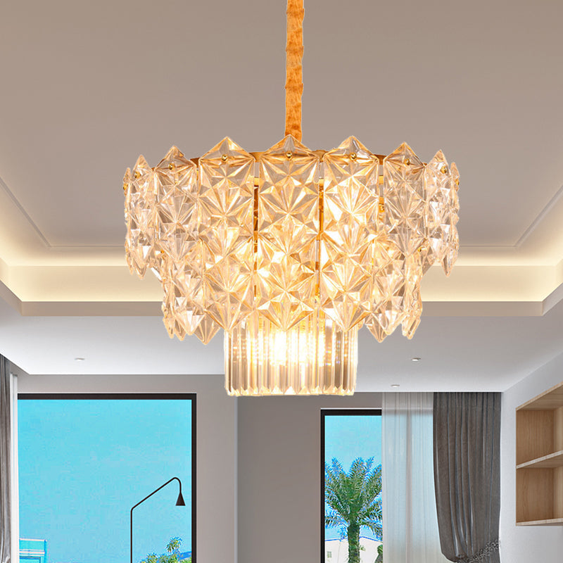 9-Head Crystal Flute Chandelier: Modern Gold Drum Hanging Light Fixture For Dining Room