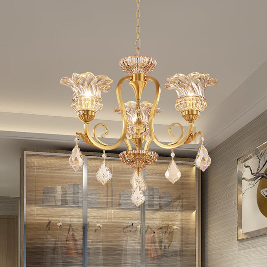 Gold Floral Shade Pendant Chandelier With Crystal Ball Accents - 3-Light European Draping Suspension