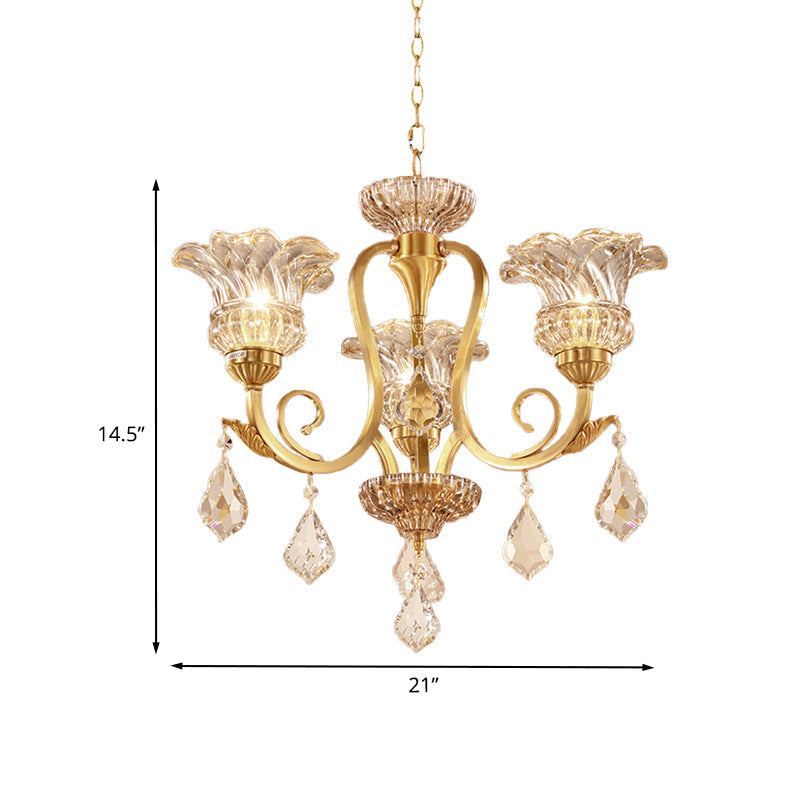 Gold Floral Shade Pendant Chandelier With Crystal Ball Accents - 3-Light European Draping Suspension