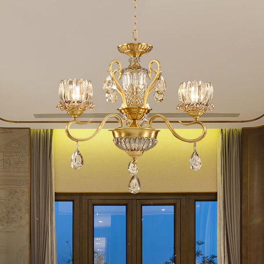 Modern Lotus Beveled Glass Crystal Chandelier With Gold Finish And 3-Bulb Suspension