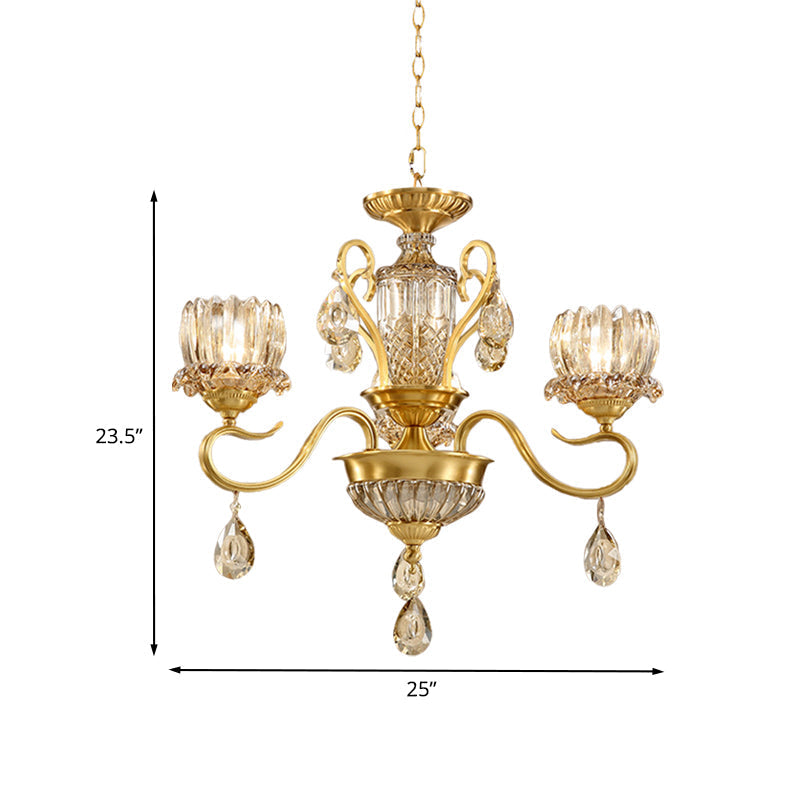 Modern Lotus Beveled Glass Crystal Chandelier With Gold Finish And 3-Bulb Suspension