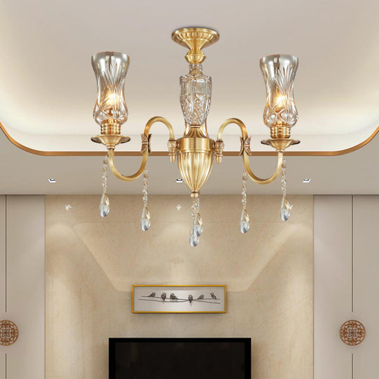 Prismatic Crystal Pendant Chandelier - Modern Gold 3-Head Lighting Fixture for Living Room