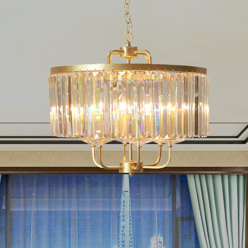 Contemporary Gold Drum Crystal Block Chandelier - Stunning 6-Head Suspended Lighting For Guest Room