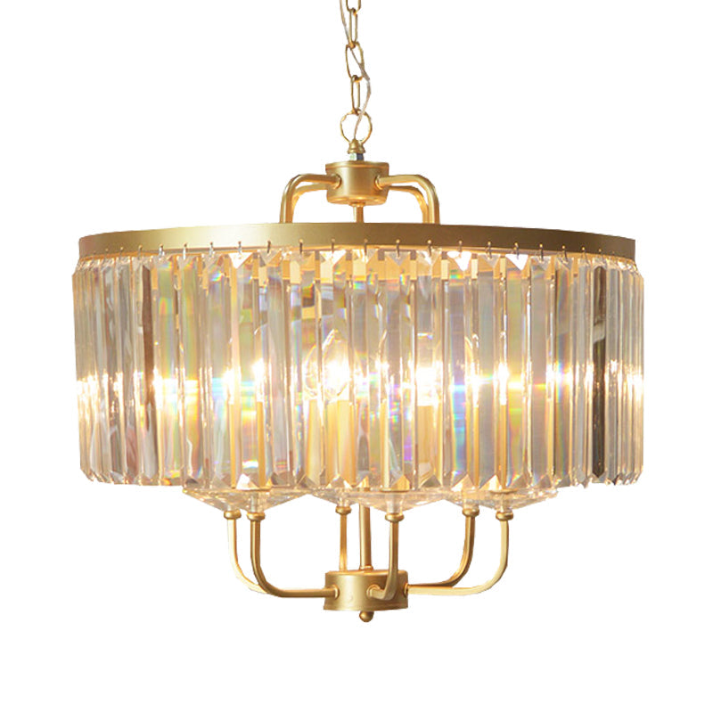 Contemporary Gold Drum Crystal Block Chandelier - 6-Head Ceiling Lighting Fixture for Guest Room