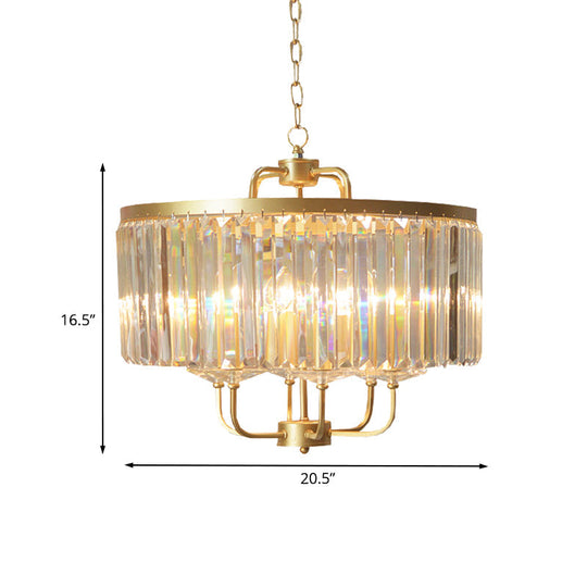 Contemporary Gold Drum Crystal Block Chandelier - Stunning 6-Head Suspended Lighting For Guest Room