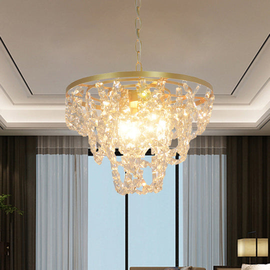 Nordic Gold Chandelier with Beveled Crystal Prisms - Chain Hung Pendant Light, 3 Lights