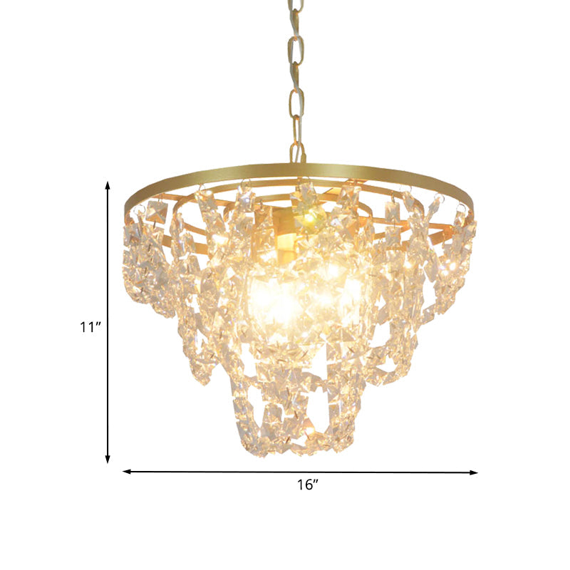 Nordic Gold Chandelier with Beveled Crystal Prisms - Chain Hung Pendant Light, 3 Lights