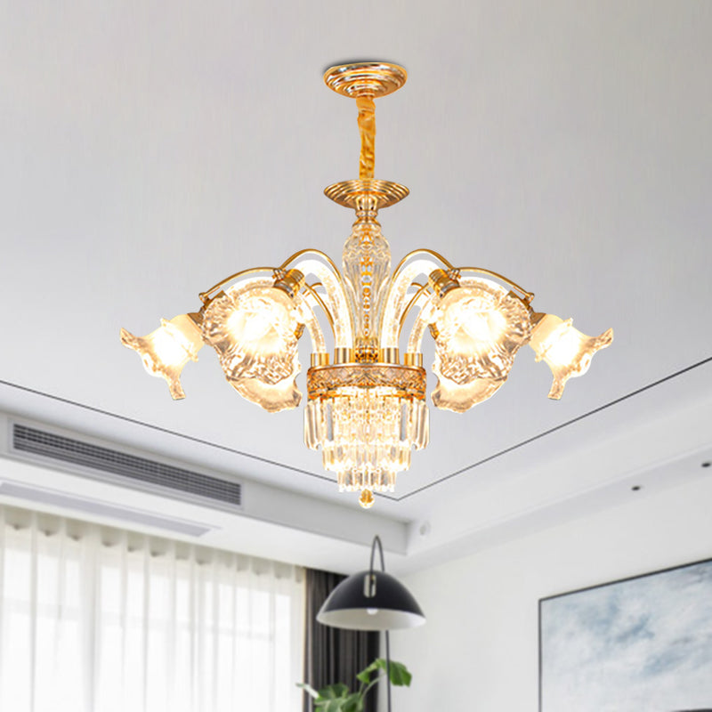 European Flute Crystal Chandelier - Gold Suspension Lamp With 6 Bulbs