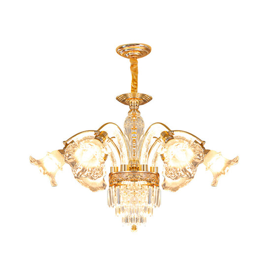 European Crystal Flute Chandelier - 6-Bulb Gold Suspension Lamp