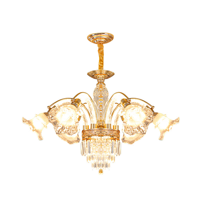 European Flute Crystal Chandelier - Gold Suspension Lamp With 6 Bulbs