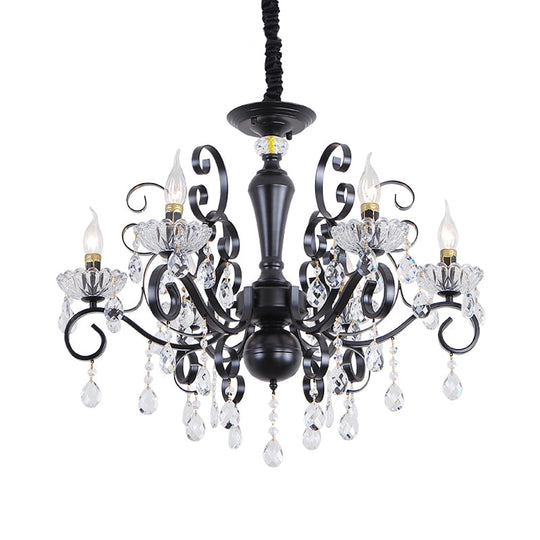 Traditional 6-Light Candlestick Chandelier: Black Faceted Ball Suspension Lamp