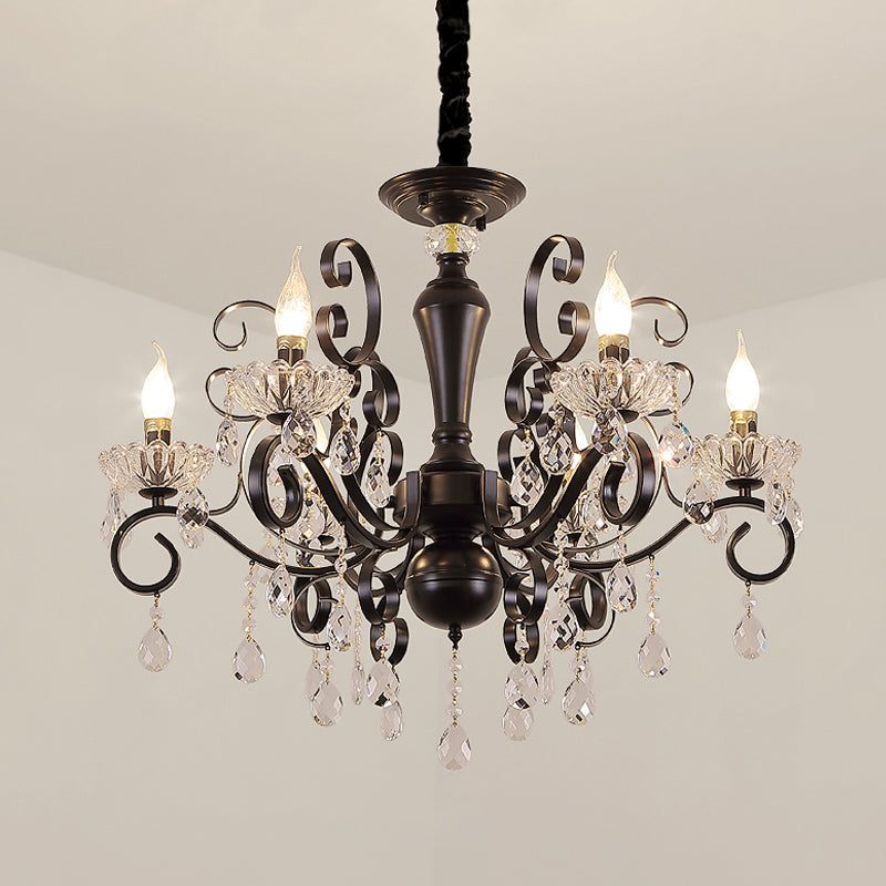 Traditional 6-Light Candlestick Chandelier: Black Faceted Ball Suspension Lamp