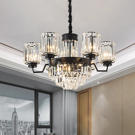 Modern Black 9-Bulb Pendant Chandelier With Clear Glass Rods And Cylindrical Shade