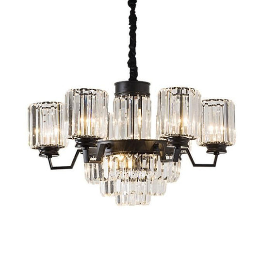 Modern Black 9-Bulb Pendant Chandelier With Clear Glass Rods And Cylindrical Shade