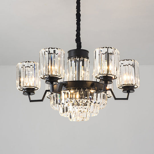 Modern Black 9-Bulb Pendant Chandelier With Clear Glass Rods And Cylindrical Shade