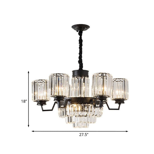 Modern Black 9-Bulb Pendant Chandelier With Clear Glass Rods And Cylindrical Shade