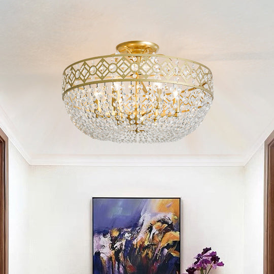 Modern Golden Crystal Chain Semi Flush Mount Ceiling Lamp for Guest Room - 4-Head Bowl Design