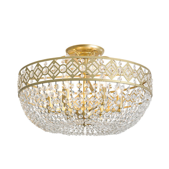 Modern Golden Crystal Chain Semi Flush Mount Ceiling Lamp for Guest Room - 4-Head Bowl Design