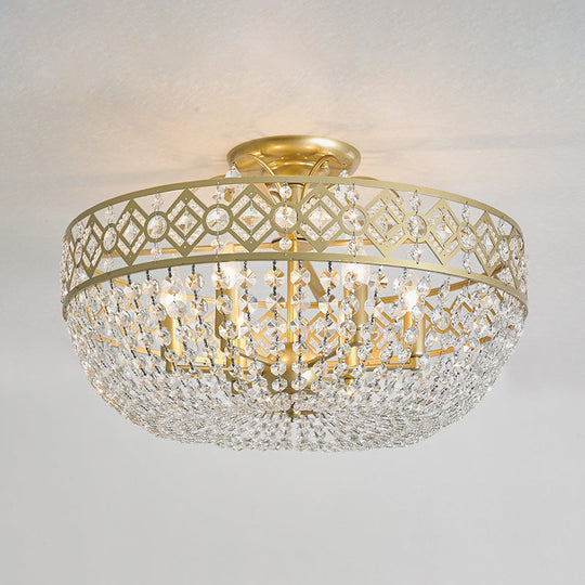 Modern Golden Crystal Chain Semi Flush Mount Ceiling Lamp for Guest Room - 4-Head Bowl Design