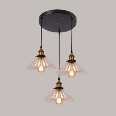 Industrial Brass Pendant Lighting With Flared Ribbed Clear Glass Shades And Round Canopy - Set Of 3