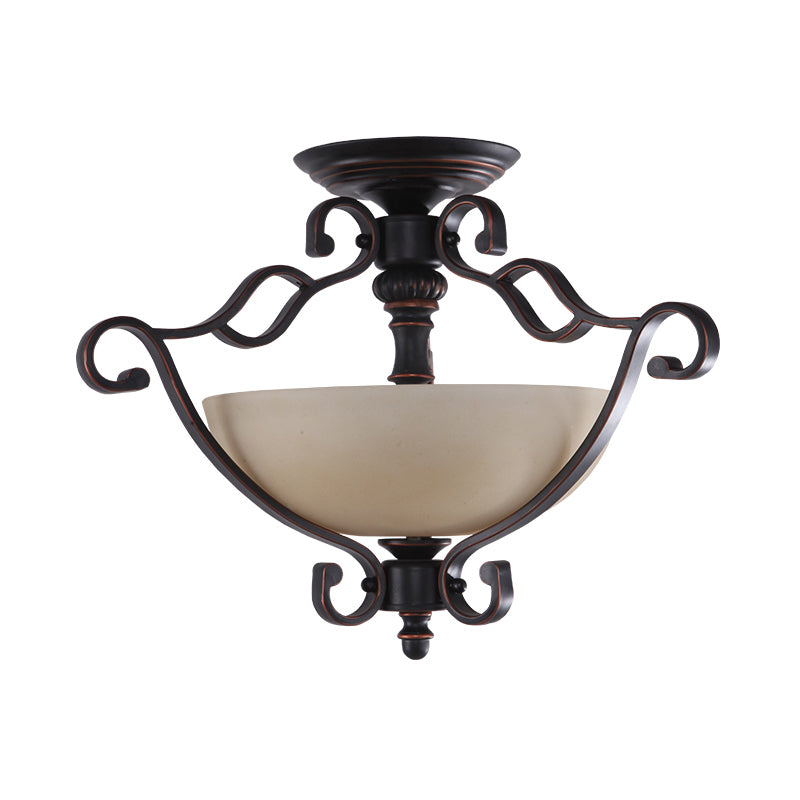 Red Brown Scroll Ceiling Lamp - Rustic Metal 3-Head Semi Mount Lighting with Frosted Glass Shade for Dining Room