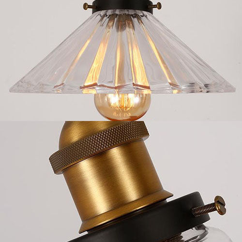 Industrial Brass Pendant Lighting With Flared Ribbed Clear Glass Shades And Round Canopy - Set Of 3