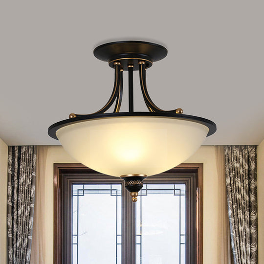 Minimalistic 3-Light Semi Flush Bowl Ceiling Mount in Black with Frosted White Glass