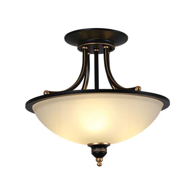 Minimalistic 3-Light Semi Flush Bowl Ceiling Mount in Black with Frosted White Glass