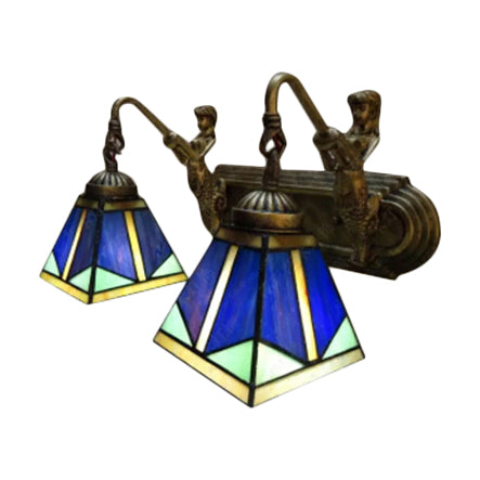 Tiffany Blue Glass Pyramid Wall Light Antique Brass Sconce Fixture