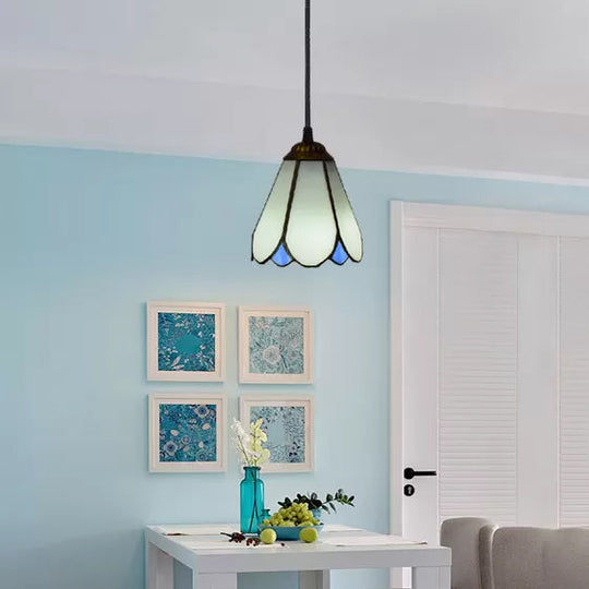 Tiffany Blossom Down Mini Pendant – Blue/White Glass Ceiling Lamp for Living Room