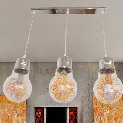 Industrial Clear Glass Pendant Light Fixture with 3 Bulb-Shaped Hanging Lamps