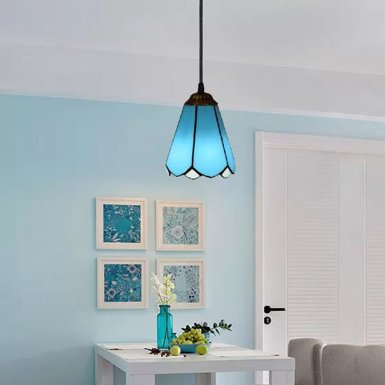 Tiffany Blossom Mini Pendant Ceiling Lamp - 1 Light Blue/White Glass Suspension For Living Room Blue