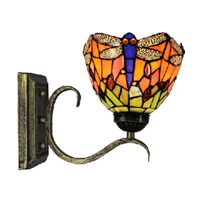 Dragonfly Wall Sconce With Rustic Tiffany Stained Glass - Orange For Library.