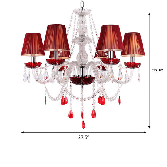 Modern Red Crystal Chandelier - 6 Bulb Pendant Light Fixture with Conical Shade