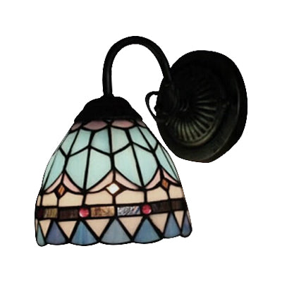 Blue Stained Glass Domed Wall Light - Mediterranean Style For Staircase