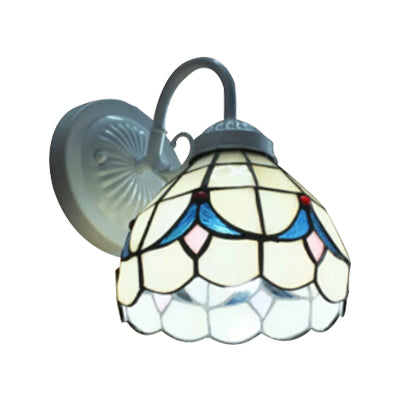 White Tiffany Glass Dome Sconce Lighting - Wall Mount Light For Living Room