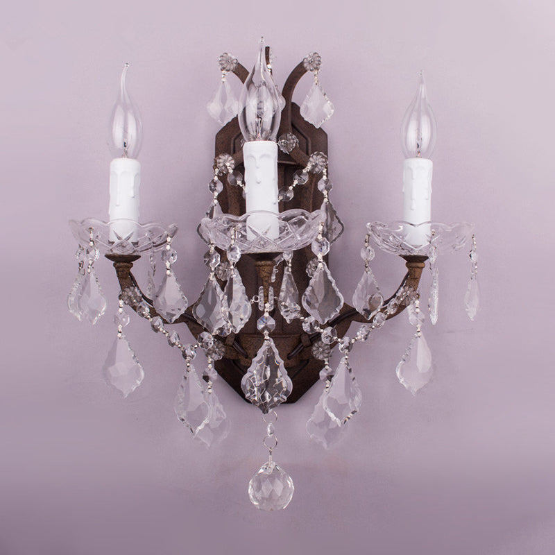 Modern Teardrop Crystal Candelabra Sconce Light - White Wall Mount With Rust Backplate (3 Lights)