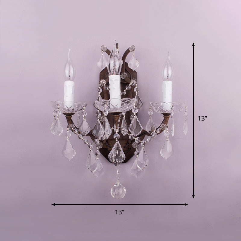 Modern Teardrop Crystal Candelabra Sconce Light - White Wall Mount With Rust Backplate (3 Lights)