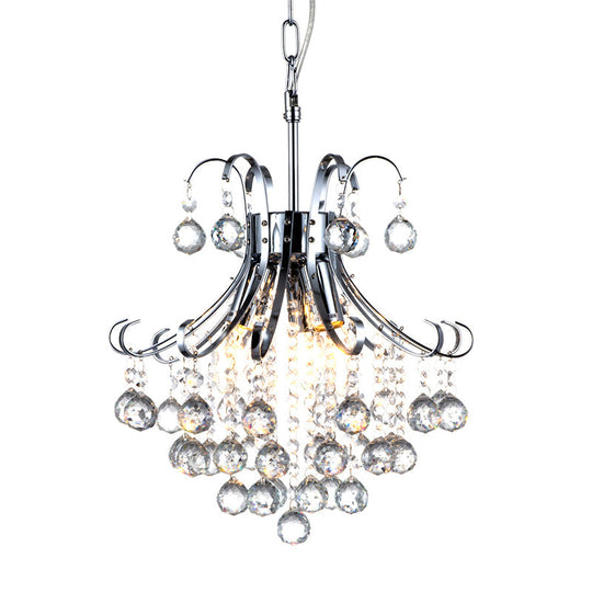 Modern Curvy Arm Chrome Chandelier Light With Crystal Accents - 3-Lights Ceiling Fixture For Dining