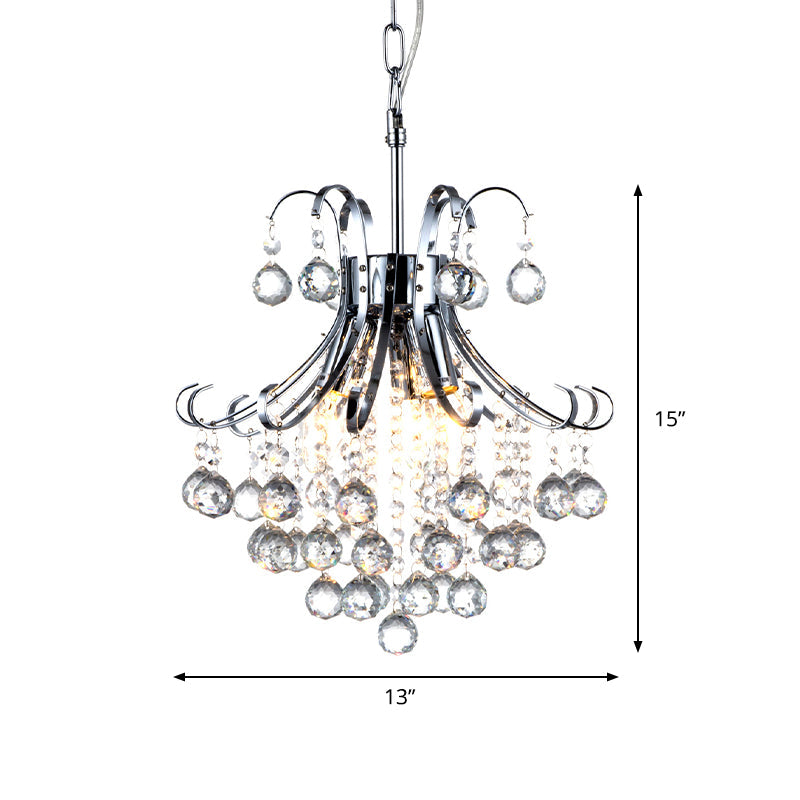 Modern Curvy Arm Chrome Chandelier Light With Crystal Accents - 3-Lights Ceiling Fixture For Dining