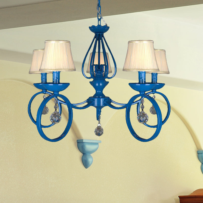 Blue Fabric Cone Pendant Lamp: Classic Chandelier Light Fixture With Crystal Draping Ideal For