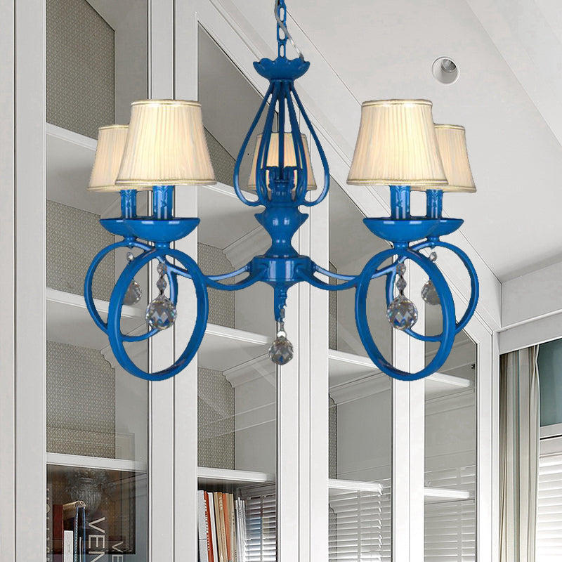 Blue Fabric Cone Pendant Lamp: Classic Chandelier Light Fixture With Crystal Draping Ideal For