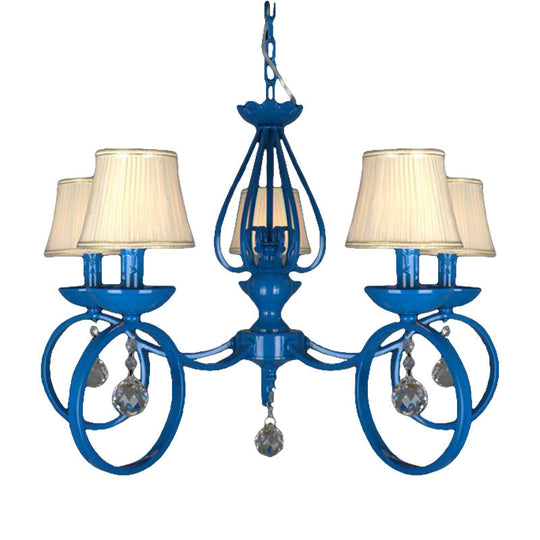 Blue Fabric Cone Pendant Lamp: Classic Chandelier Light Fixture With Crystal Draping Ideal For