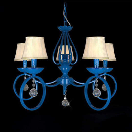 Blue Fabric Cone Pendant Lamp: Classic Chandelier Light Fixture With Crystal Draping Ideal For